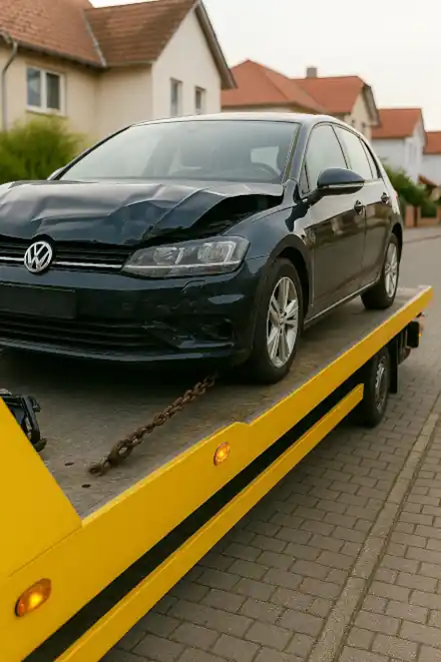 Ein defektes Fahrzeug, das zum Autoankauf in Kevelaer abgeschleppt wird.