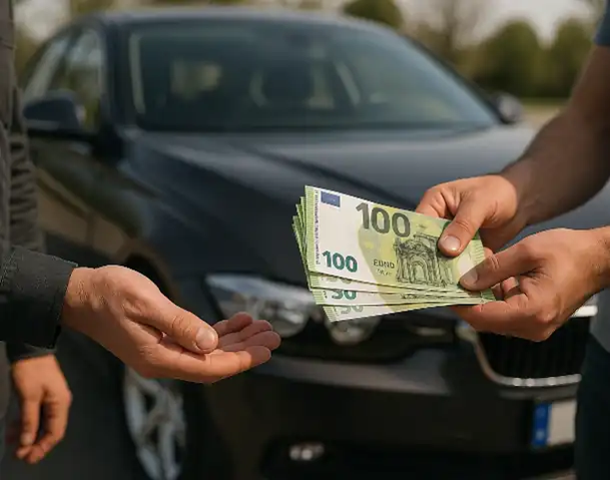 Ein Kunde erhält Bargeld beim Autoankauf in Kevelaer.